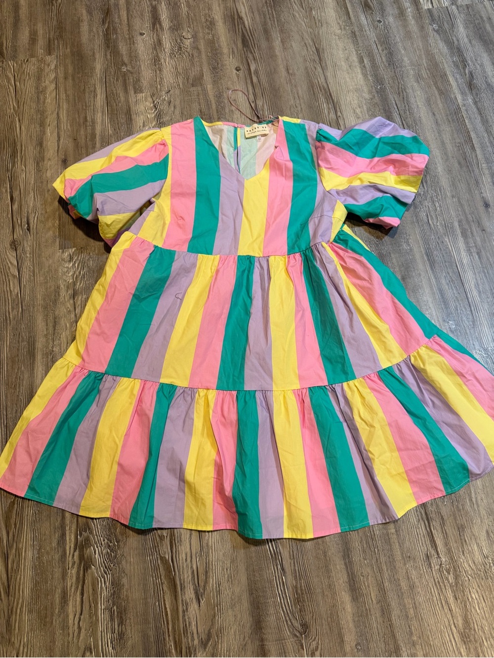 DRESS UP boutique Colorful Striped V-Neck dress with puffed sleeves size small